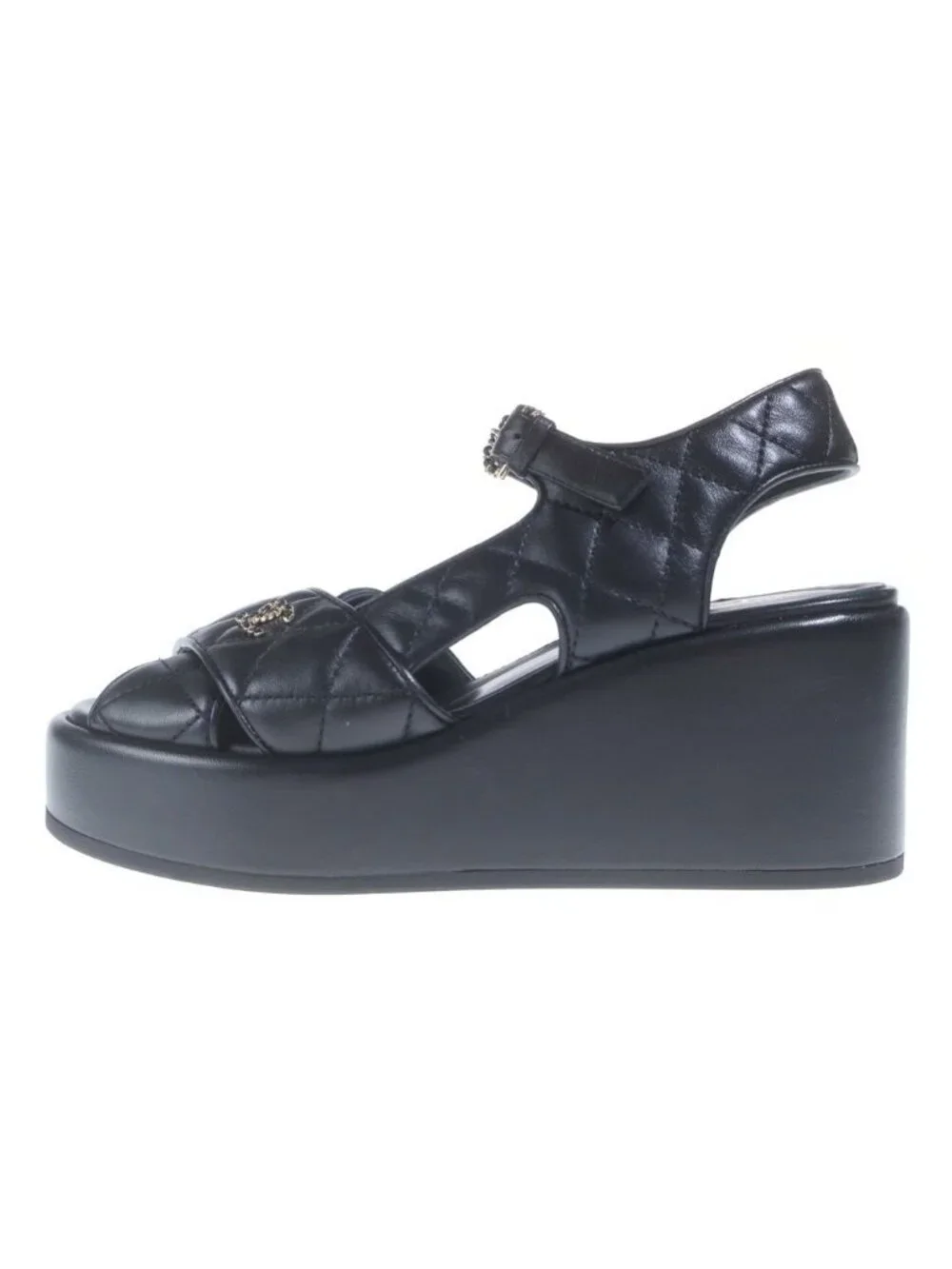 Chanel Quilted CC Logo Sandals Thick Sole Black Lambskin 36 1 2C